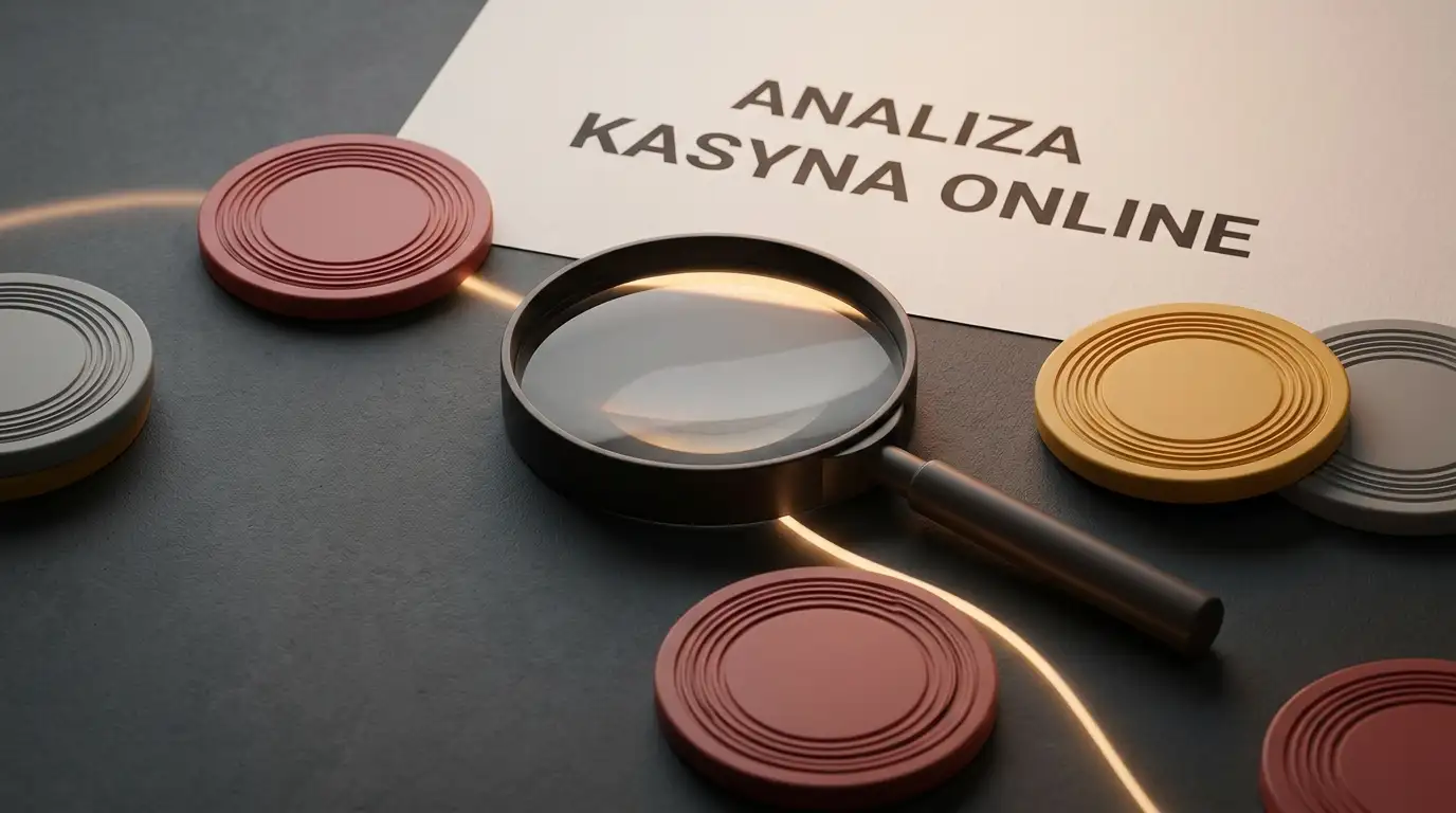 Redakcyjna ilustracja neonowego motywu kasyna i lupy symbolizującej weryfikację informacji