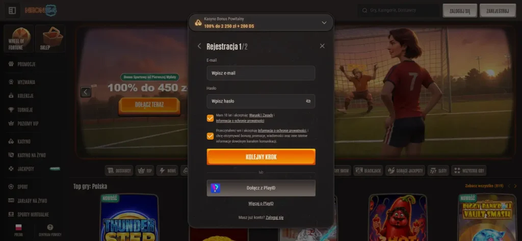 Formularz rejestracji Neon54 z wyborem bonusu lub jego pominięciem