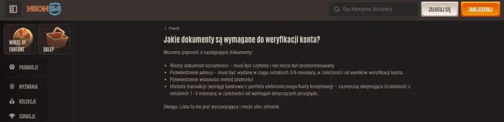Oficjalna strona pomocy Neon54 opisująca dokumenty wymagane przy weryfikacji konta