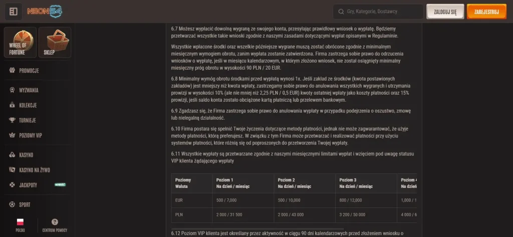 Zrzut oficjalnego regulaminu Neon54 z tabelą limitów wypłat w PLN
